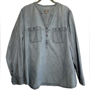 J.Jill Denim Pullover Blouse V Neck Western Cowgirl Country XL Old Money Preppy